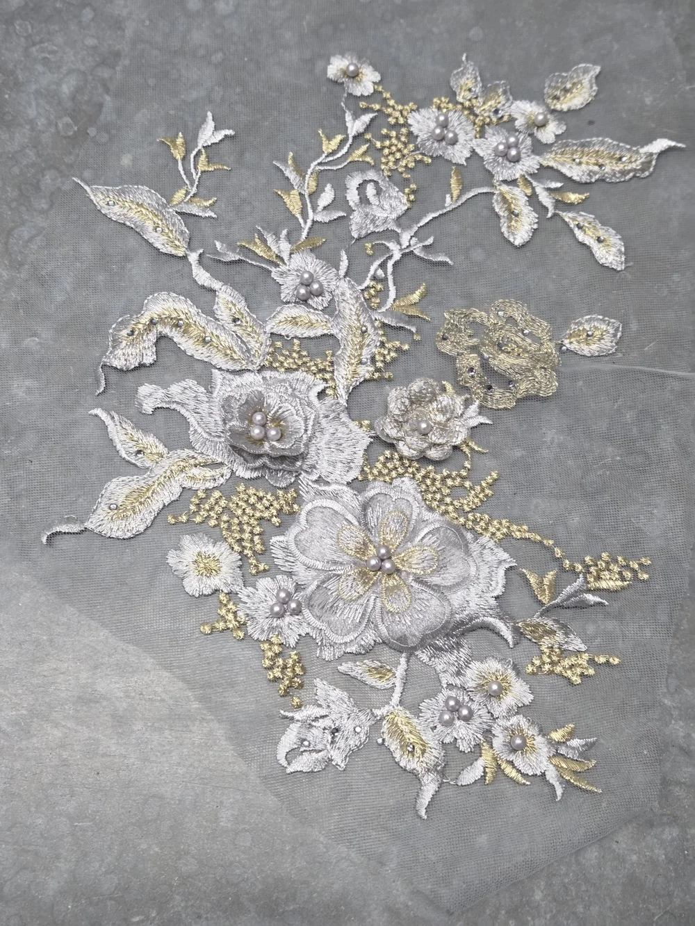Floral Embroidered Applique Pair in Peach and Silver 3D